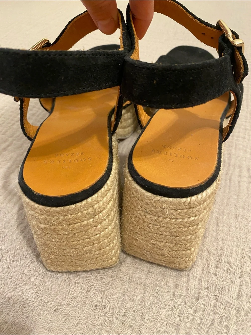 Sezane Black Suede Espadrille Platform Sandals - Women. Size 41